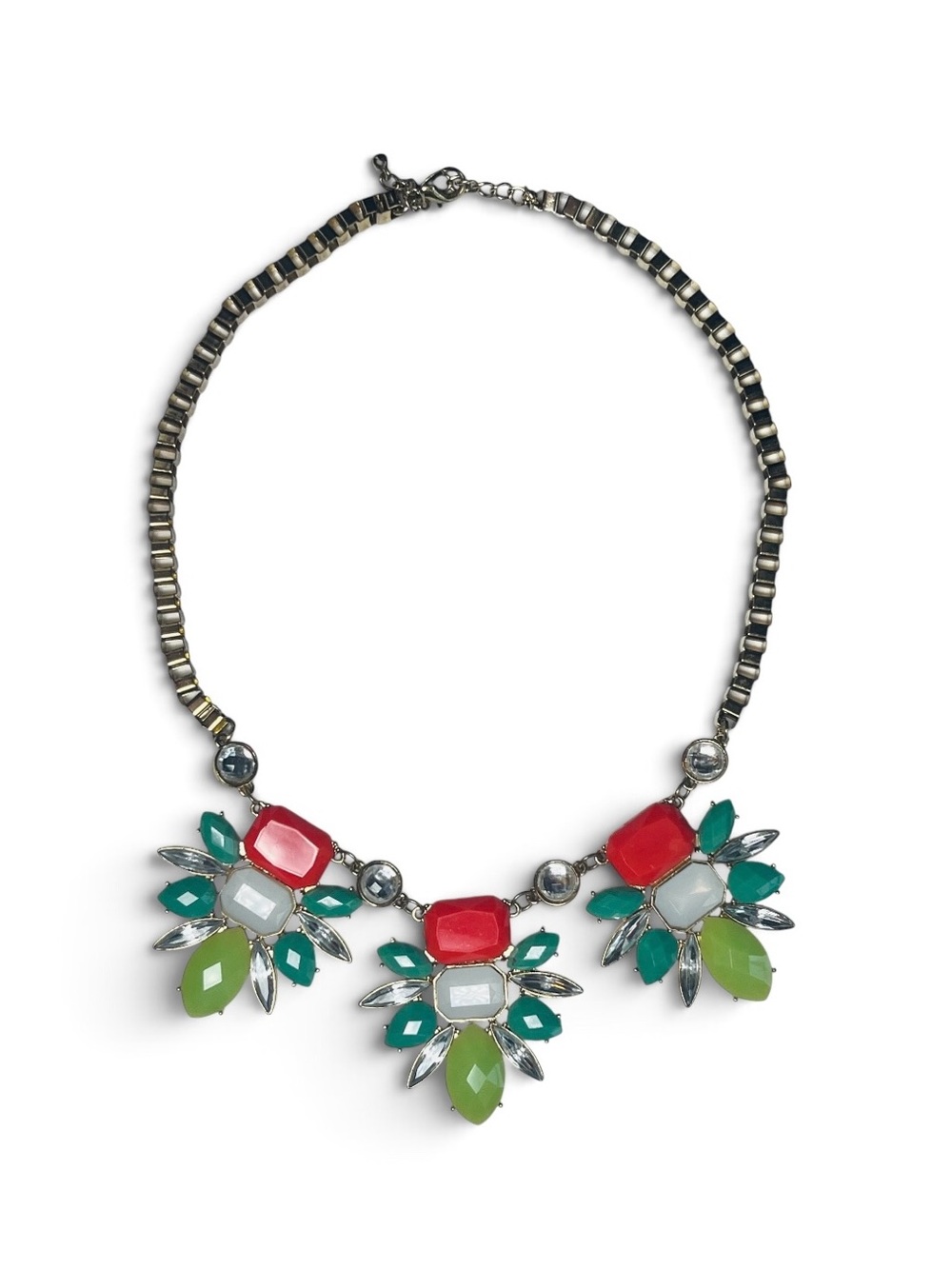 Statement Floral Bib Necklace in Red, Green & White, Vintage